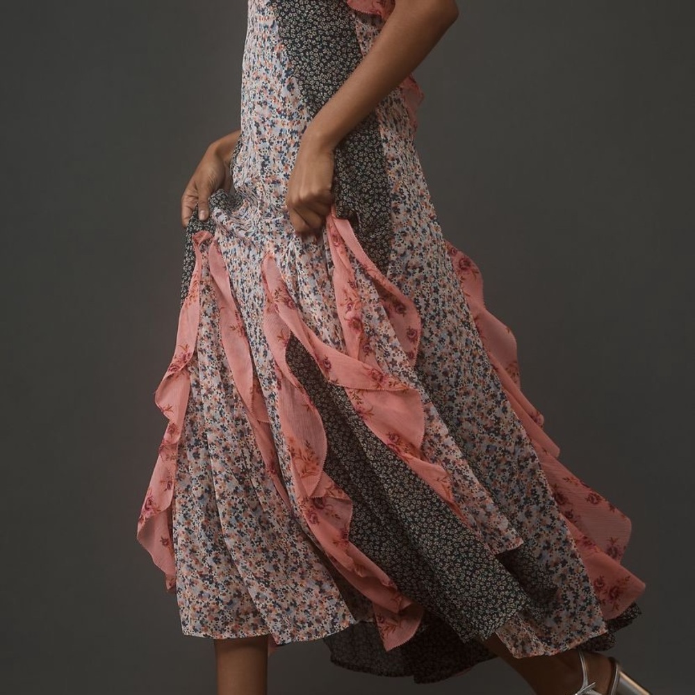 Anthropologie Mixed Floral Maxi Dress in Coral and Blue - Picture 2 of 4